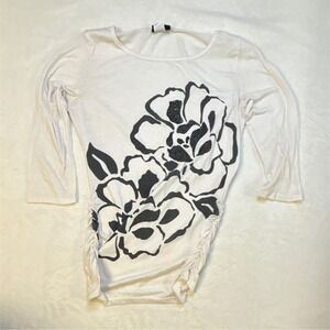 Vintage JKLA California White Floral Ruched 3/4 Sleeve Blouse Women's Size M‎